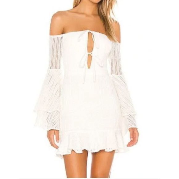 NWT Michael Costello x Revolve‎ Boho White Orchid Off Shoulder White Mini Dress - Picture 2 of 11